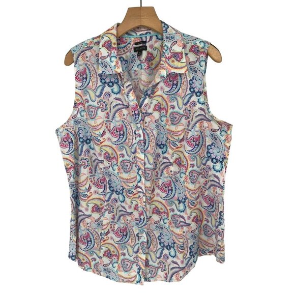 Talbots Womens Sleeveless no iron Button-Up Blouse Paisley Print size 16 - Picture 2 of 13